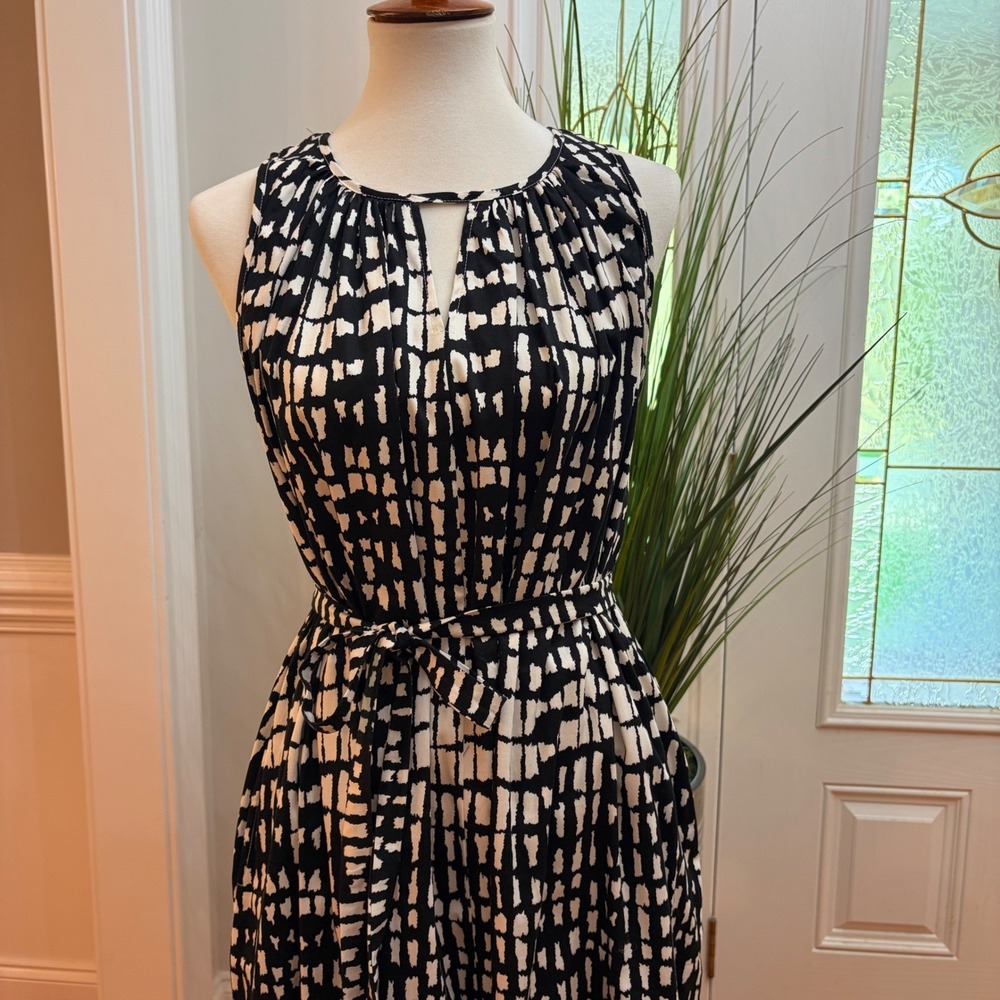 eShakti Black White Geometric Print Sleeveless Midi Dress Pockets Belted Size 10 - Picture 5 of 12